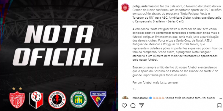 Potiguar de Mossoró e outros times fazem cobrança para maior distribuição de verba do Governo do Estado