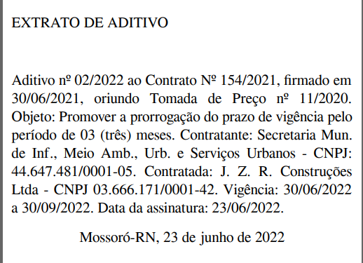 Prefeitura de Mossoró publica prorrogação de contrato para reforma do Memorial