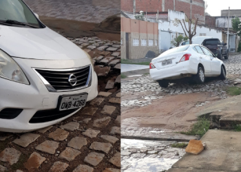 Carro cai em buraco formado pelas chuvas em Mossoró