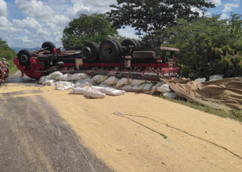 Caminhão de soja tomba na RN-117 e carga fica espalhada na rodovia