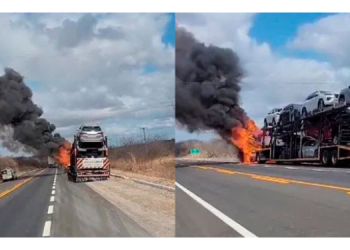 Carreta cegonha pega fogo na BR-304 no Vale do Açu 