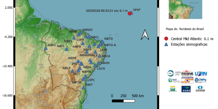 Dois tremores de terra são registrados no Oceano Atlântico a quase 1000km do RN