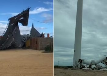 Fortes ventos derrubam parte de torre eólica e cobertura de ginásio em Galinhos