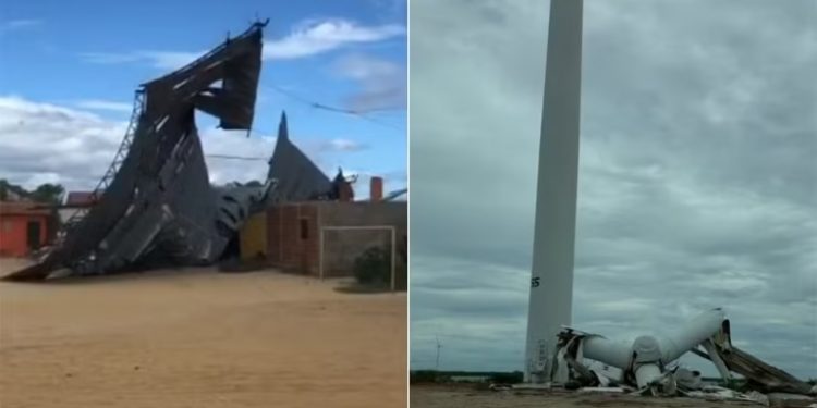Fortes ventos derrubam parte de torre eólica e cobertura de ginásio em Galinhos